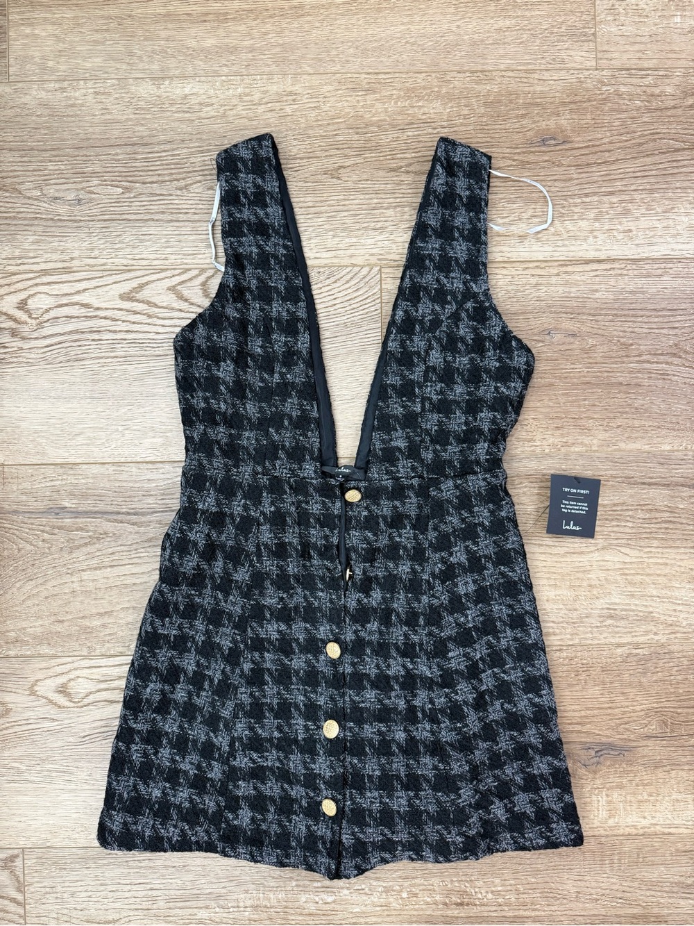 Lulu's Black and Gray Houndstooth Deep V Button-Front Mini Dress